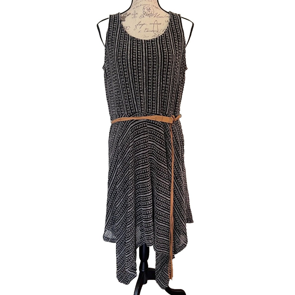 Chico's Crochet Hanky Hem Stretch Tank Dress Black & Ecru w/ Belt Size 2 (12)